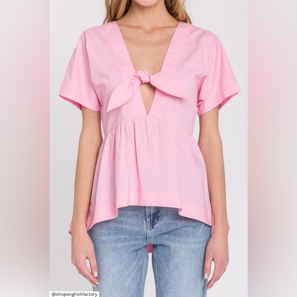 English Factory Pink Front Tie Poplin Peplum‎ Top Size Medium